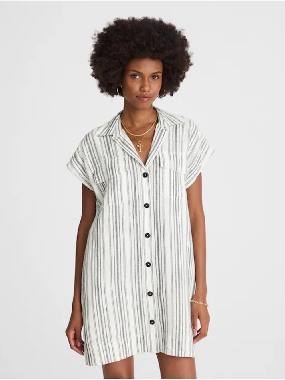 Madewell Mini White Linen Dress with Blue Vertical Stripes Size M